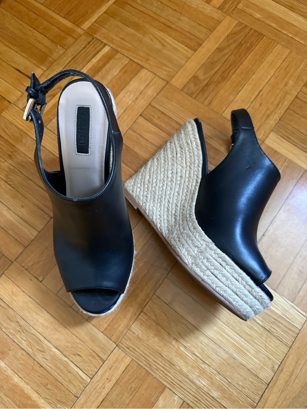 Black Leather Peep-Toe Espadrille Wedge Sandals - Forever 21 Women - US 7.5